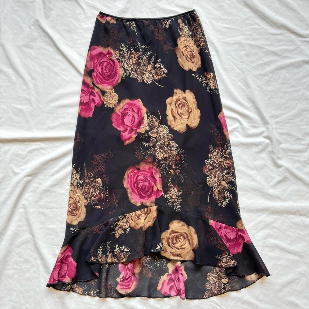 vintage black and magenta floral ruffle maxi skirt with glitter sequin details